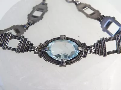 Art Deco Sterling Silver 925 Aquamarine Glass Vintage Bracelet • $85