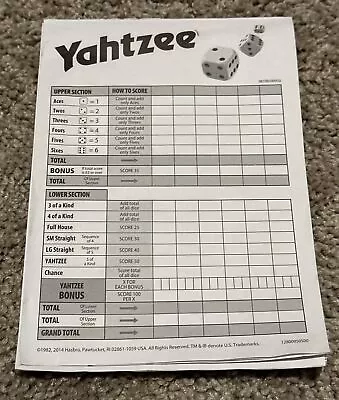 Hasbro Gaming Yahtzee Game Score Pad 78 Sheets #6100 • $7.99