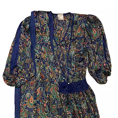 1980s Diane Freis Georgette Dress Smocked Waist Paisley Blue Scarf Vintage Maxi • $129.95