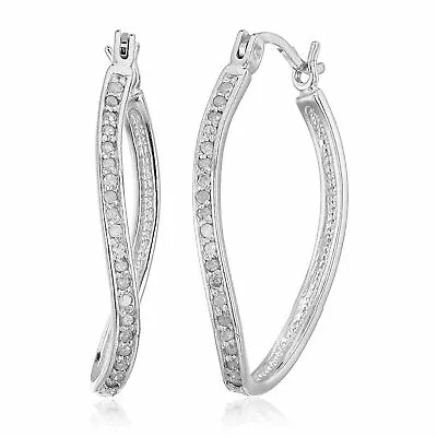 1/4 Ct Diamond Hoop Earrings For Women In .925 Sterling Silver Rhodium 1 Inch • $99.99