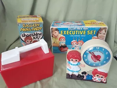 Working Raggedy Ann Andy Talking Alarm Clock Executive Desk Set Shoe Shine Kit • $149.99