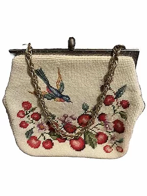 VTG Needlepoint Purse Tapestry Bag Hummingbird  Chain Strap Red Silk Lined • $124.92