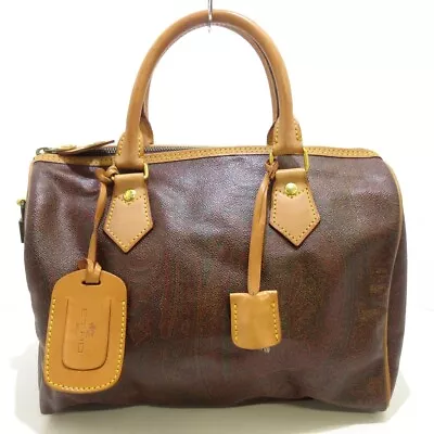 Auth ETRO Dark Brown Brown Multi PVC Leather Handbag • $87