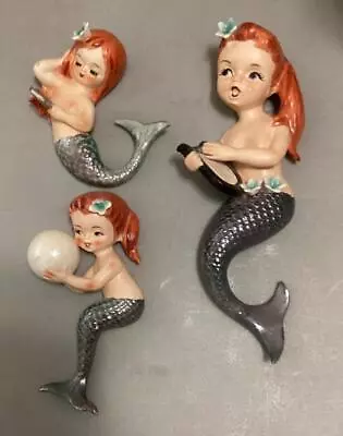 Vintage 3 Lefton Redhead Mermaids Wall Plaque Japan • $135