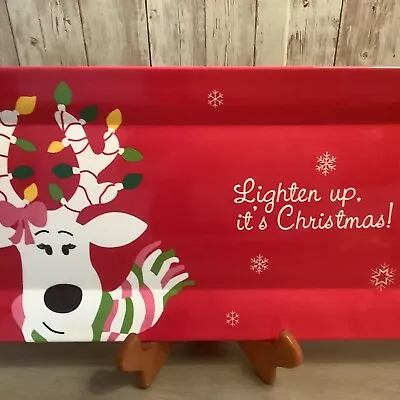 Tangled Christmas Lights Moose Red Serving Tray Platter Earthaware 18” X 8” • $16.30