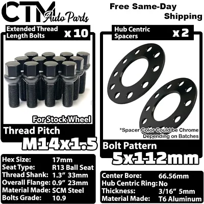 2x 5mm Thick 5x112 66.56mm CB Wheel Spacer Black Bolt Fit Mercedes Stock Wheels • $41.39