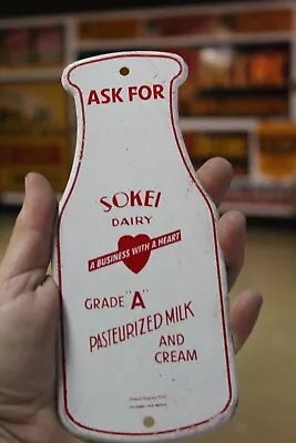 RARE 1950s ASK FOR SOKEI DAIRY CREAM STAMPED PAINTED METAL SIGN MILK BOTTLE COW • $0.99