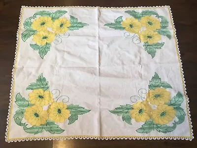 Vintage White Tablecloth With Yellow Embroidered Flowers 30” X36”  (XX60) • $15