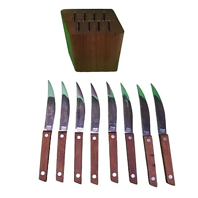 VTG  MCM Hi-Carbon Steel Steak Knifes 8pc GIFT SET Vernco Walnut Gunstock Wood • $34.99