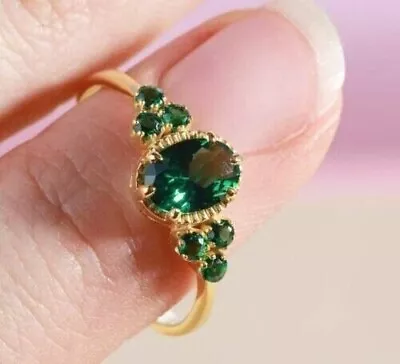 Oval Cut Green Emerald Lab Created Diamond Wedding 14Ct Yellow Gold Filled Ring • $71.40