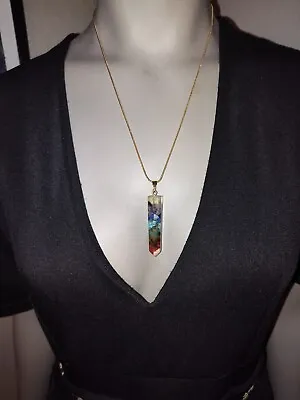 Gold Plated Multi Stone Chip Filled Resin Dagger Pendant Necklace • $6.90