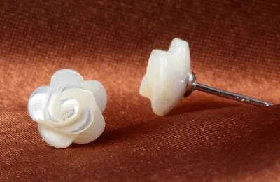 Silver Plated White Mother Of Pearl Camellia Flower Stud Earrings Lab-Created • $3.85