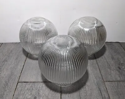 Vintage Set Of 3 Clear Ribbed Holophane Glass Round Globe Light Shades Pendants • $135