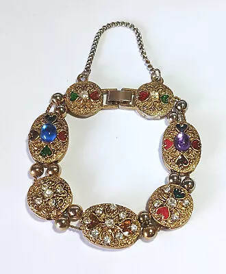 Vintage Gold Slide Bracelet W/ Rhinestones Cabs & Speckled Enamel Hearts 7  • $26.95