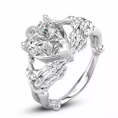 Women Heart Cubic Zirconia Rings Silver Plated Skull Hand Wedding Party Jewelry • $0.80