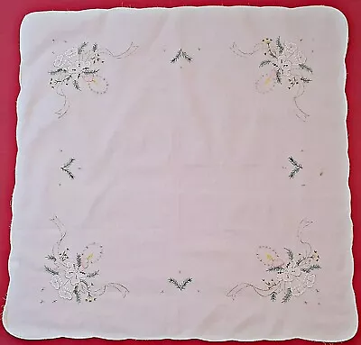 Vintage Christmas Decoration Bells Cut Embroidery White Cotton Square Tablecloth • $16