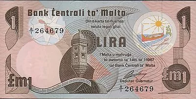 Malta 1 Lira  ND. L. 1967 / 1979  P 34a  Prefix A/1 Uncirculated Banknote • $29.95