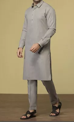 New Junaid Jamshed J. Mens Kurta & Trouser Suit 2 Piece Grey Large Eid Outfit • £49.99