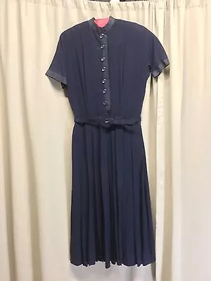 Vintage L'aiglon Navy Blue Dress Grosgrain Ribbon Accent Short Sleeve Size 12 • $29