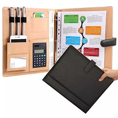 Designer Leather Portfolio Binder With Calculator Black 3 Ring Padfolio Business • $28.31