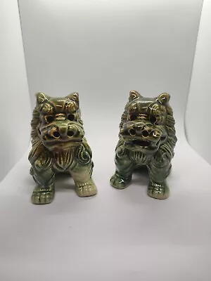 Chinese Foo Dogs Fu Lion Pair Blue Green 3.75  Tall Set Of 2 Ceramic Art Pottery • $18.99