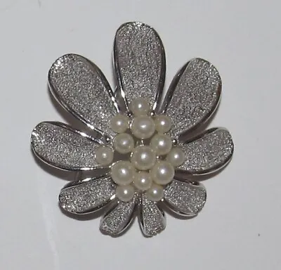 Vintage Crown Trifari Faux Pearls Brushed Silver Tone Flower Brooch Signed • $13.99