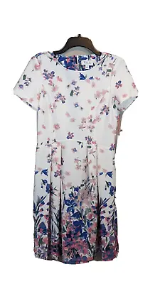 ELLE Womens Size Medium White Floral Short Sleeve Fit & Flare Zip Dress • $4.99