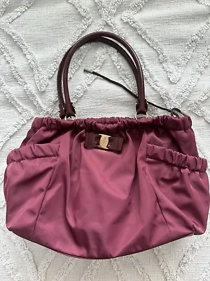 SALVATORE FERRAGAMO Patent Leather Trimmed Handle Bag Burgundy  • $350