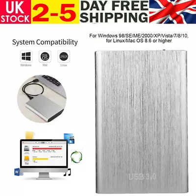 2TB External Hard Drive Disk Sliver USB 3.0 For Windowns 98/SE/ME/2000/XP/7/8/10 • £16.43