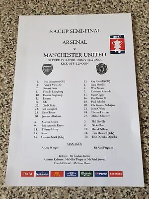 TEAMSHEET FA CUP SEMI-FINAL ARSENAL V MAN UTD 3rd Apr 2004 • £1.29