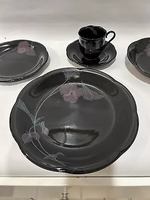 5 Piece Set Mikasa RONDO TANGO EJ702 Black EJ 702 VINTAGE Cup Plates Bowl NEW • $19.99