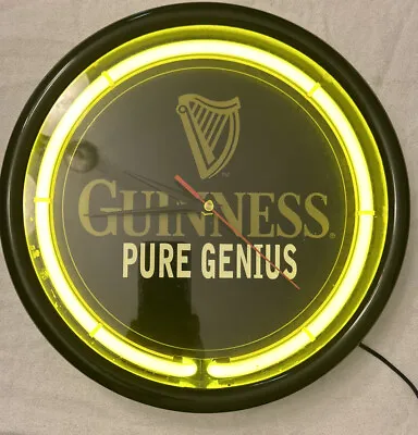 New 11 1/2  Guinness Beer Pure Genius Yellow Neon Wall Clock Bar Man Cave • $56.99