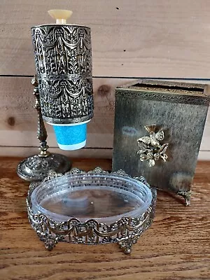 Dixie Cup Brass Ornate Countertop Dispenser Soap Dish Tissue Cover Set Vintage • $59.90