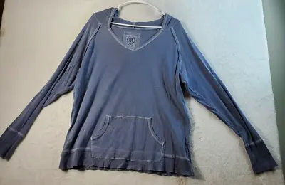 Merona T Shirt Top Women Size XL Blue Long Raglan Sleeve Pockets Hooded Pullover • $17.99
