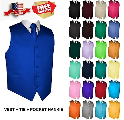 Men's Solid Satin Tuxedo Vest Tie And Hankie. Formal Dress Wedding Prom • $21.95