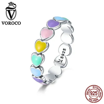 Voroco 925 Sterling Silver Wedding Ring Rainbow Colorful Heart Women Jewelry • $7.19