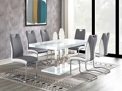 7 Piece Glossy White Finish Table & Gray White Chairs - Modern Dining Set IC77 • $1467.83