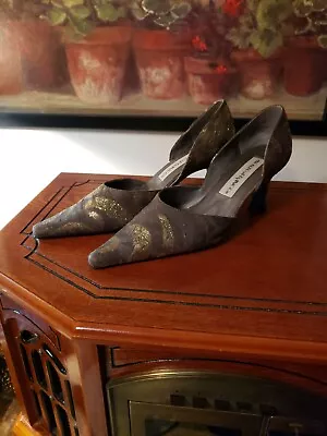 MONZO & FRANCO D'Orsay Shoes Brown Leather & Handpainted Gold 7M 2.75  Heels • $29.95