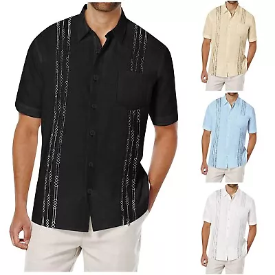 Men's Short Sleeve Button-Up Casual Cuban Guayabera Beach Wedding Dress Shirt • $26.39