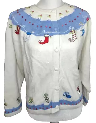 Vtg Angora Wool Christmas Sweater Button Embroider Bead Stocking White Blue • $21.80