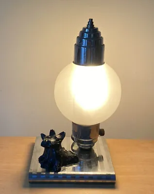 Art Deco Table Lamp  W Black Scottie Dogs Aluminum Base White  Frosted Globe • $70