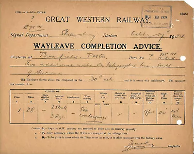 £1.50 • Buy GWR Great Western Railway Wayleave Advice Signals - Shrewsbury, Bromfield 1924