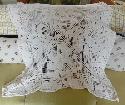 £4.50 • Buy Pretty 1980s? Vintage Tablecloth Ivory Cotton Crochet 44  Square 