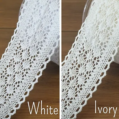Real Cotton Lace Trim Chatsworth 50mm Ribbon White/Ivory Vintage Sewing Edge 1M • £2.98