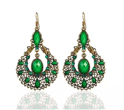 Women Retro Boho Bohemia Xmas Party Green OR Red Gem Dangle Ear Drop Earrings • $12.50