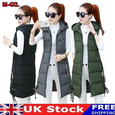 £22.79 • Buy Womens Ladies Long Line Hooded Puffer Gilet Jacket Padded Vest Top Warmer.