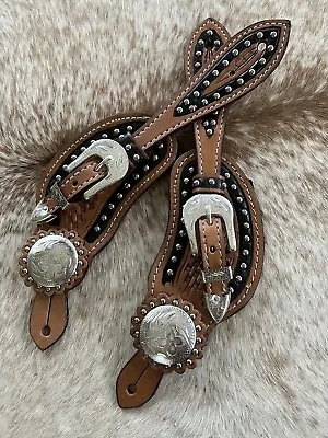 MENS Genuine Leather Engraved Silver Western Pair Spur Straps • $29.95