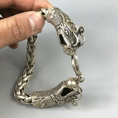 Chinese Rare Collectible Tibet Silver Handwork Dragon Amulet Bracelet Exquisite • $17.09