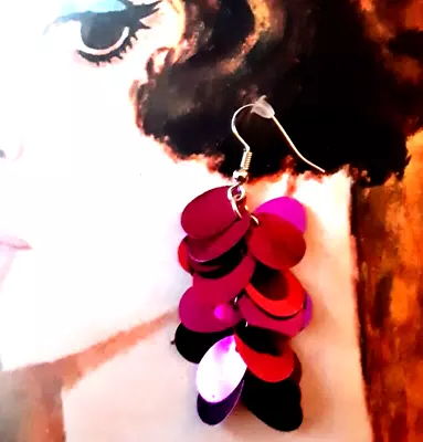 Pink Sequined Dangle Earrings Retro Mod Style Mad Men Party 60s 70s Fancy Dress • £3.50