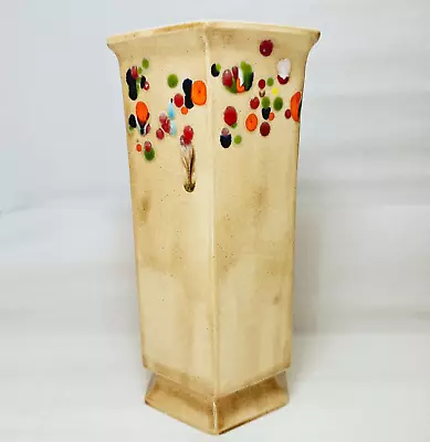 Vtg MCM Multicolor Drip Glazed Tan Ceramic Footed Hexagonal Vase 10  Tall • $14